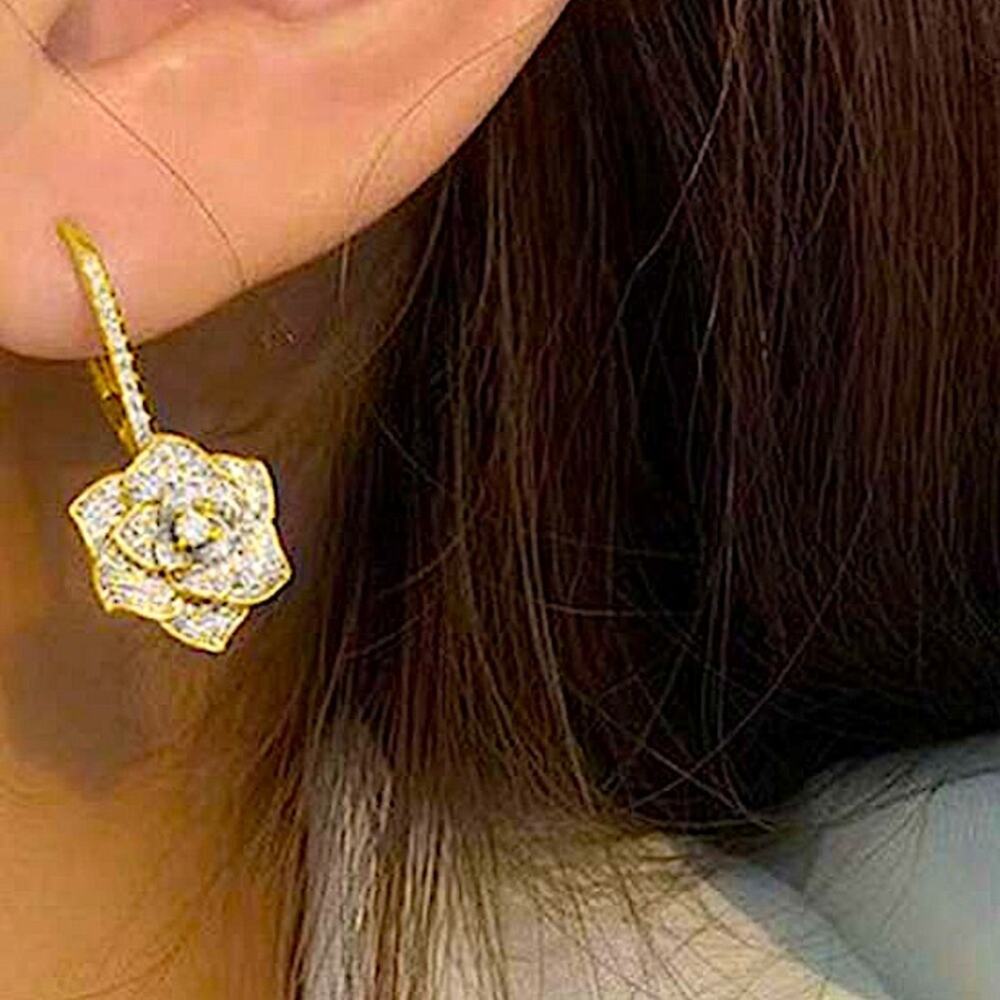 Gold Rose Flower Petal Cubic Zircon Wedding Anniversary Dangle Earrings